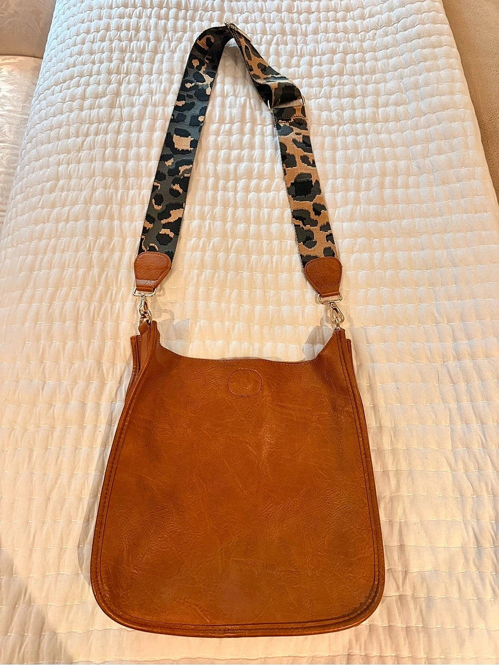 Ahdorned Classic Vegan Leather Messenger Bag with Leopard Strap Brown